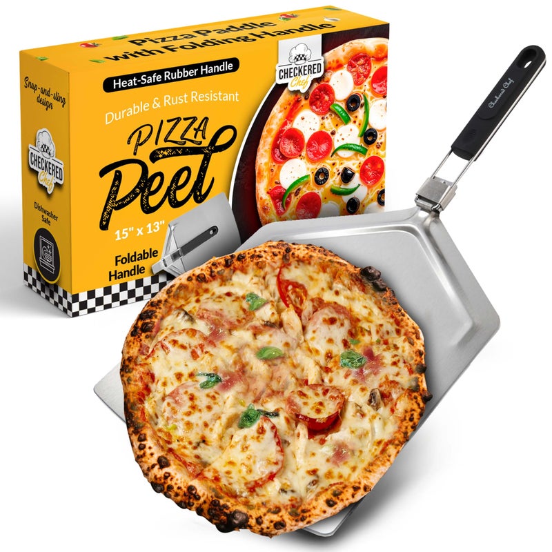 Checkered Chef Pizza Peel - Extra Large, Stainless Steel Metal Pizza Paddle with Folding Handle, Outdoor Pizza Oven Accessories - 13 Inch x 15 Inch - Image 1